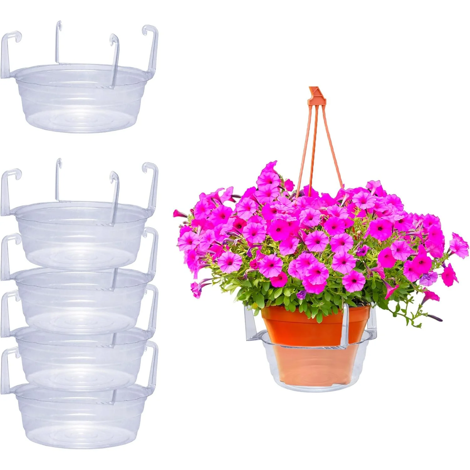 Clear Round Plastic Hanging Basket Drip Base, Hanging Plant Tray with Built-in Hook for Indoor and Outdoor Use