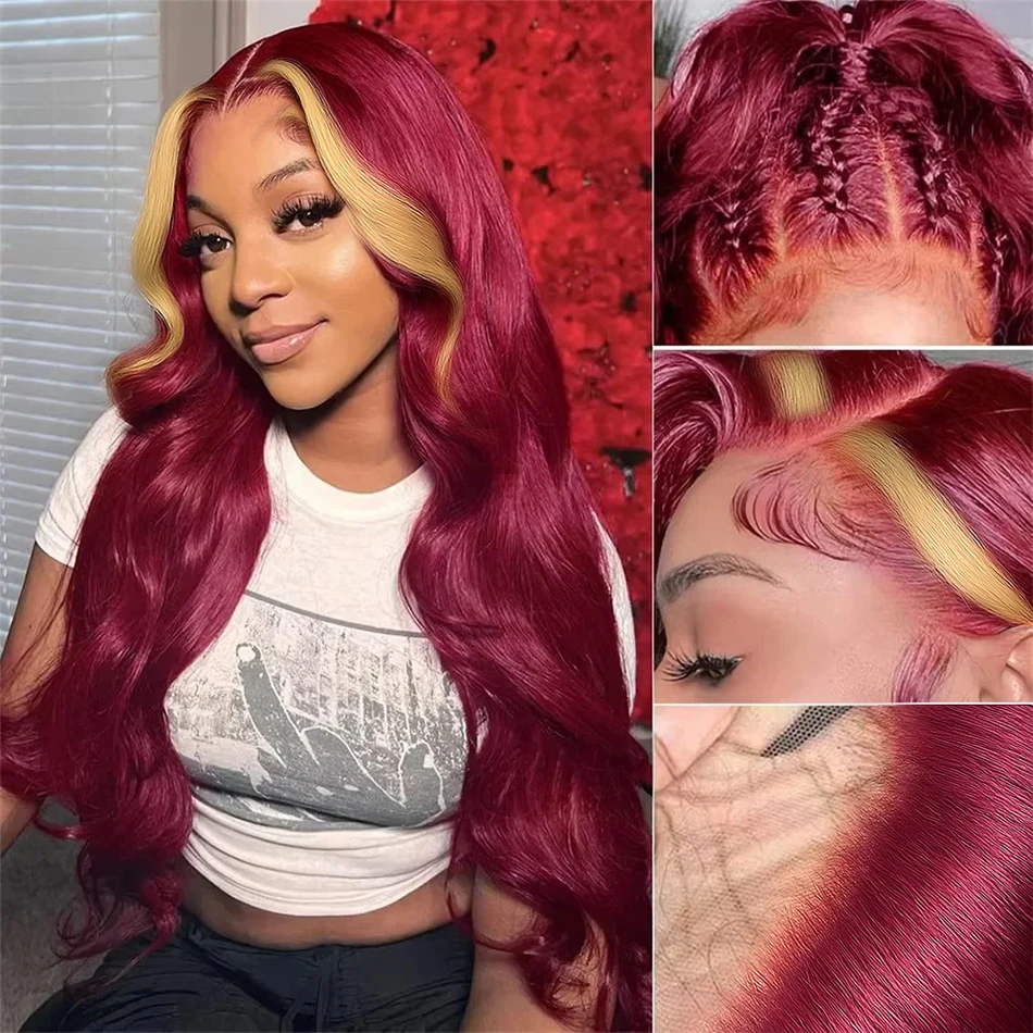 ترقية 99J/613 تسليط الضوء على شعر مستعار 13X4 الجسم موجة الدانتيل الجبهة خصلات الشعر المستعار الإنسان شقراء مع بورجوندي الأحمر تسليط الضوء على شعر مستعار دانتيل شفاف