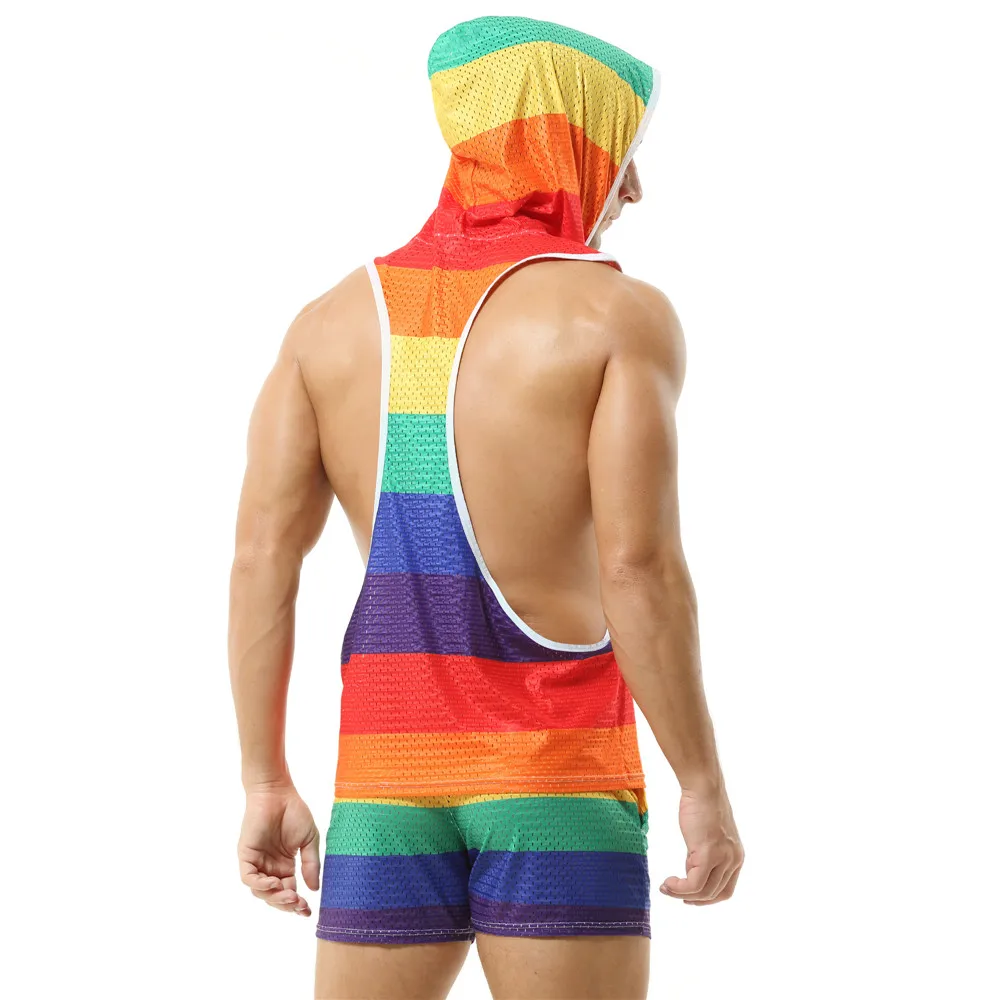 Rainbow Pattern Stylish Men's Loose Hooded Tank Tops Workout Muscle Sport Mesh Breathable Vests With Shorts Men Hoodies Sets
