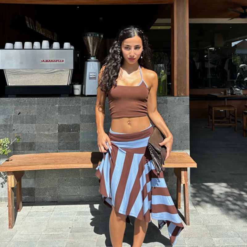 

Brown & Blue Color Block Y2k 2-piece Set Trendy Halter Crop Top Cozy Striped Asymmetric Skirt 2026 New Women's Matching Sets