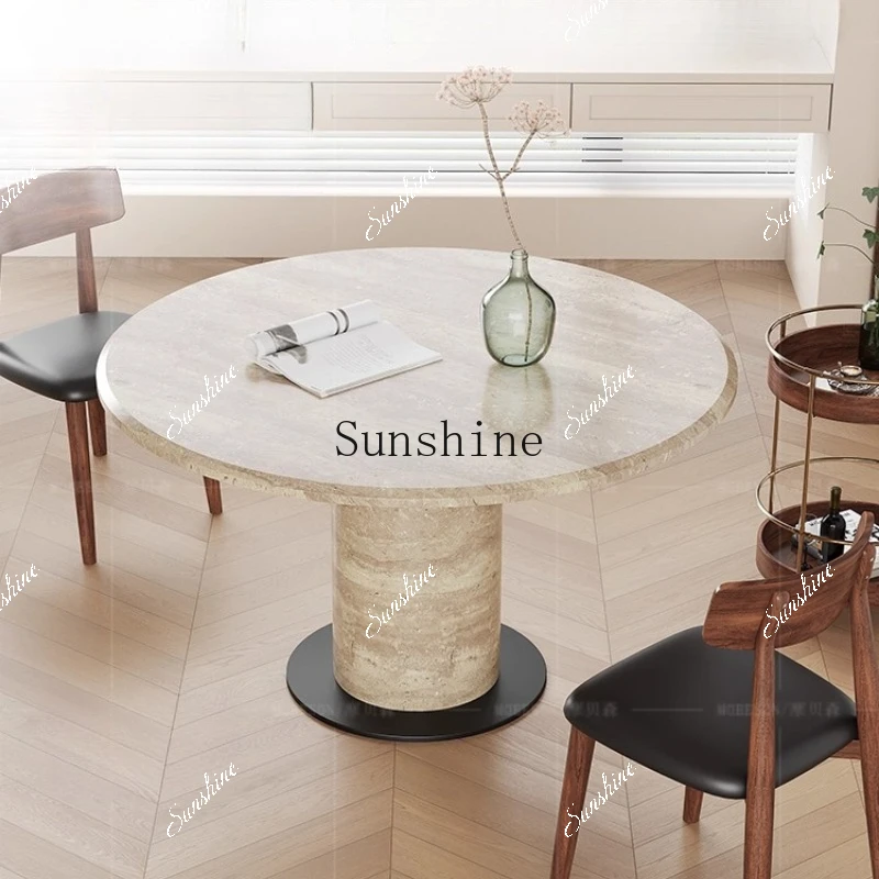 WDesign Middle Age Travertine Marble Round Small Household Table and Chair Combination