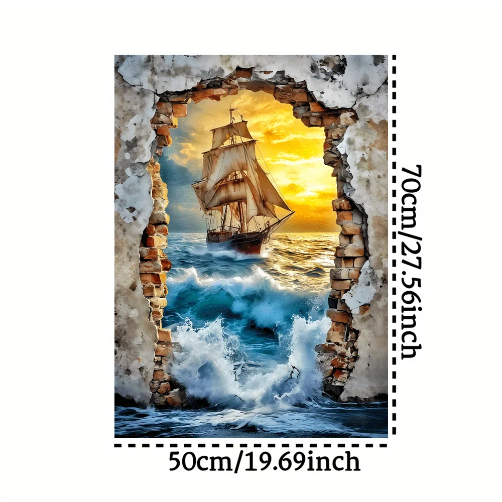 A 1000pcs Jigsaw Puzzle Designed for Adults Featuring a Sailing Ship on Stormy Seas, Complemented by a Crumbling Brick Wall. I
