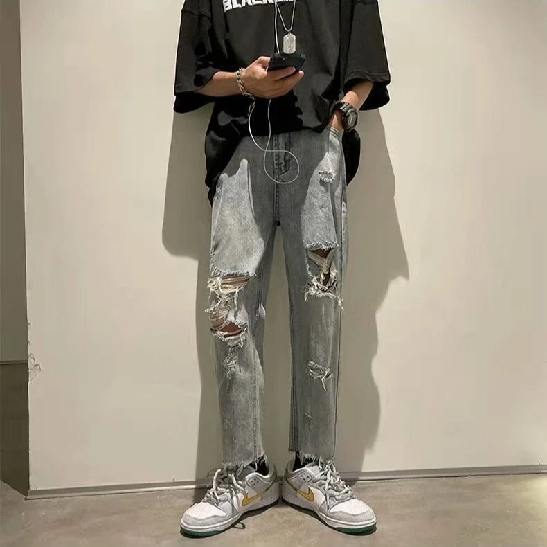 

Рваные свободные мужские джинсы High Street INS, модный бренд, весна-лето, американские уличные брюки в стиле ретро, прямые джинсы-трубы