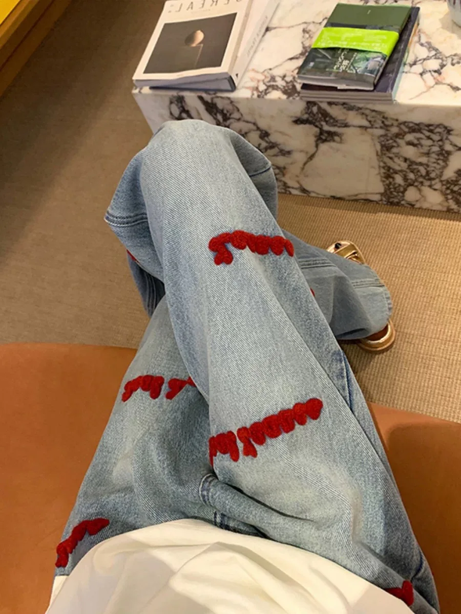 Y2K High Waisted Jeans Women American Retro Embroidered Loose Fit Slimming Wide Leg Straight Pants Autumn New