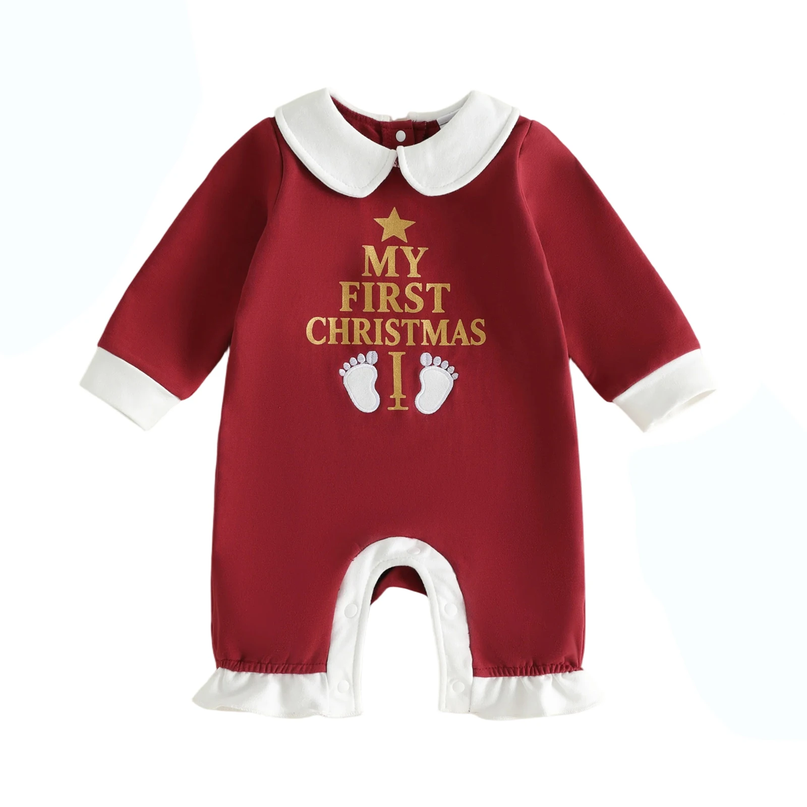 2027 New Years Xmas Toddler Baby Girls Christmas Romper Letter Print Long Sleeve Doll Collar Jumpsuit
