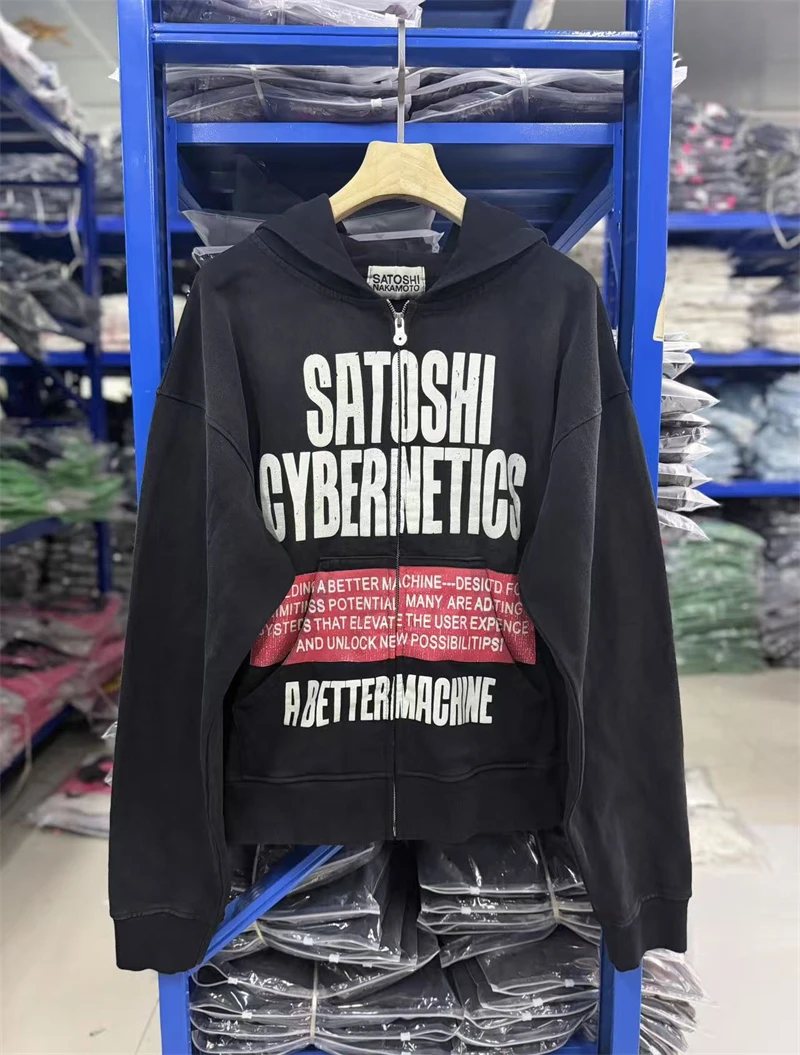 New SN Letter Printed Washed Retro Splashed Ink Zipper Hoodie Street Casual Cotton Loose Versatile Sports Oversize Trendy Top