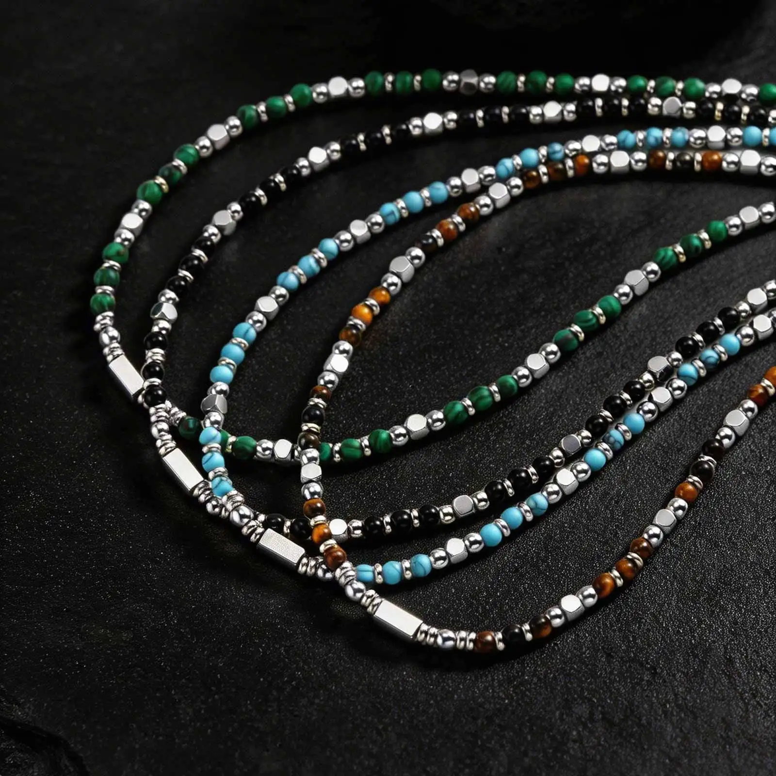 Vnox Stainless Steel Natural Stone Beaded Necklace for Men Women, Trendy Charm Choker, Bohemia 45-53cm Adjustable Length Jewelry
