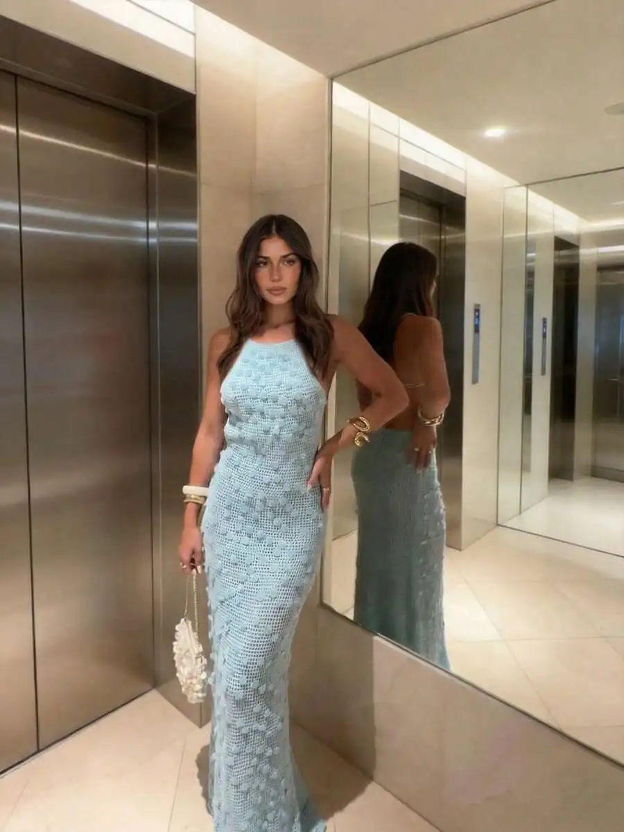

Elegant Light Blue Crochet Halter Maxi Dress With Sequin Detail For Women Summer Beach Resort Casual Wear