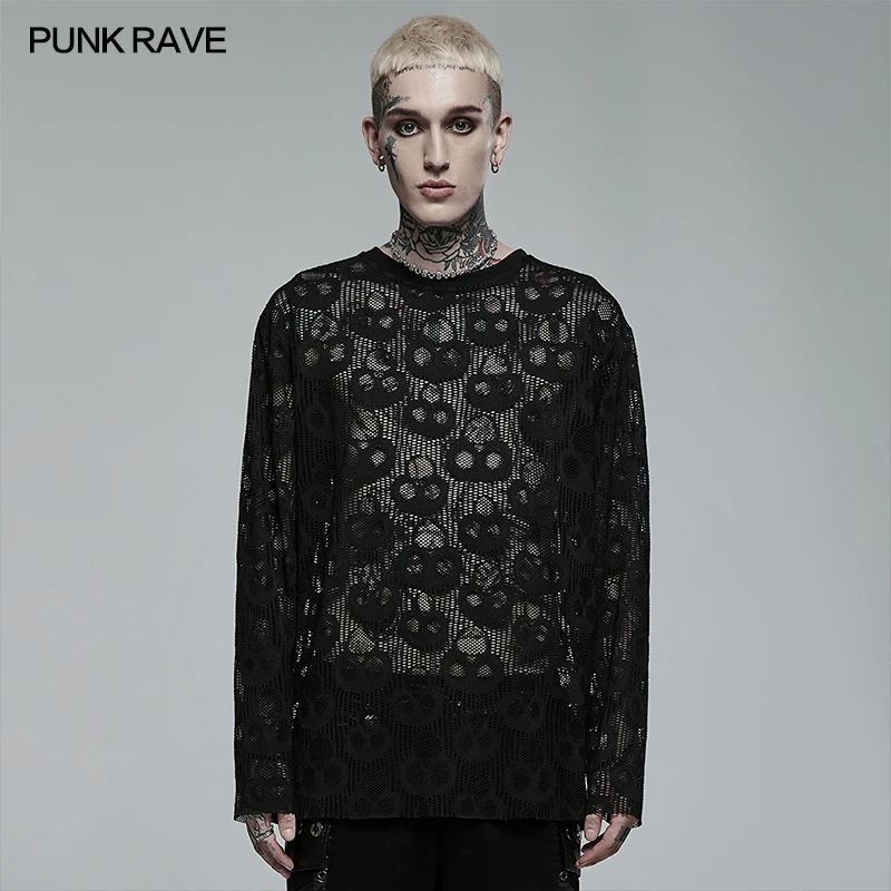 

PUNK RAVE Men's Punk Skull Mesh Long Sleeve Loose T-shirt Gothic Daily Fashion Casual Tees Black Tops Spring Autumn Men Clothing