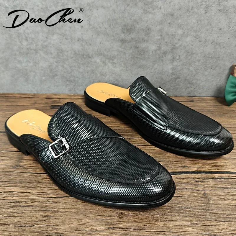 Casual Leather Mules Half Shoes For Men Fur Shoes Designer Luxury Fashion Green Mens Footwear Slides Slippers Sandals Summer