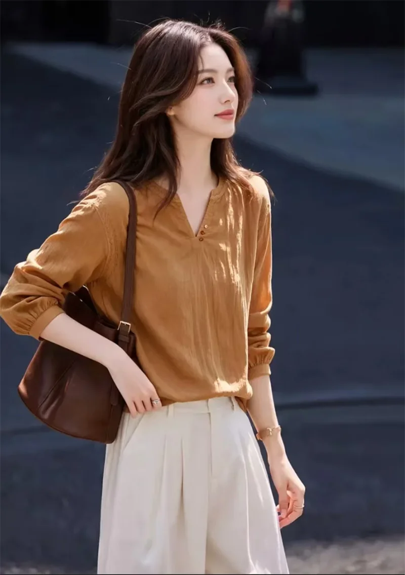 2026 New Women Caramel Blouse, Autumn New Chinese Style Stand Collar Shirt, Cotton-Feel Soft Fabric Embroidery Long Sleeve Top