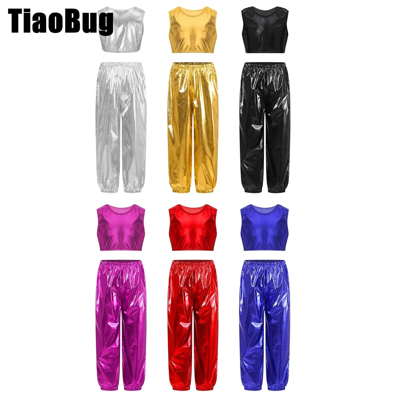 

Kids Metallic Shiny Jazz Sets Girls Boys Unisex Party Performance Costume Sleeveless Round Neckline Crop Top Vest with Pants