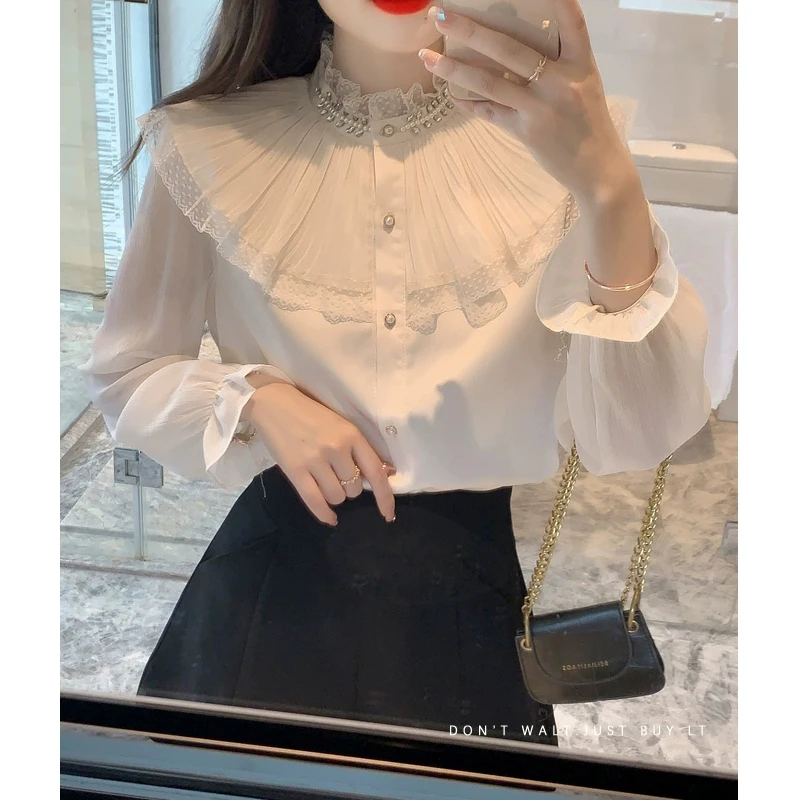 Victorian Blouse Ruffle Peter Pan Collar Shirt Woman Sweet Lotus Trim Doll Collar Tops See Through Long Sleeve Vintage Shirt