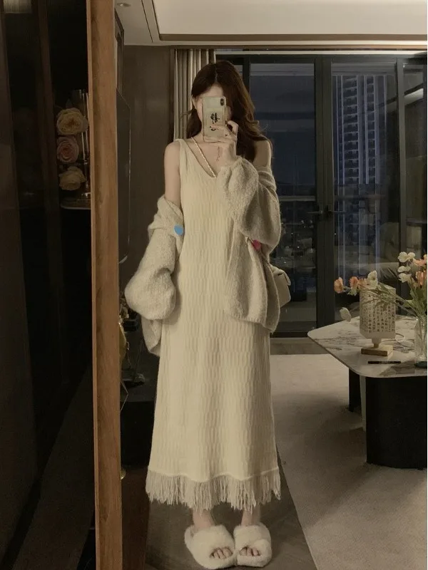 Soft Cozy Large Size Retro Lazy Style Knitted Sweater Coat And Tassel Trim Halter Dress Two Piece Set for Women Autumn Fashion