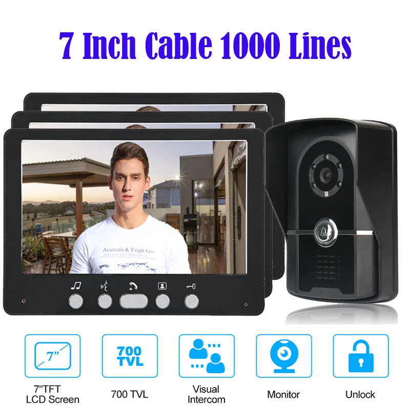 SYSD Home Video Intercom Video Tür Telefon für Wohnung 7 "Monitor 1000TVL Türklingel Kamera Wasserdichte nachtsicht entsperren