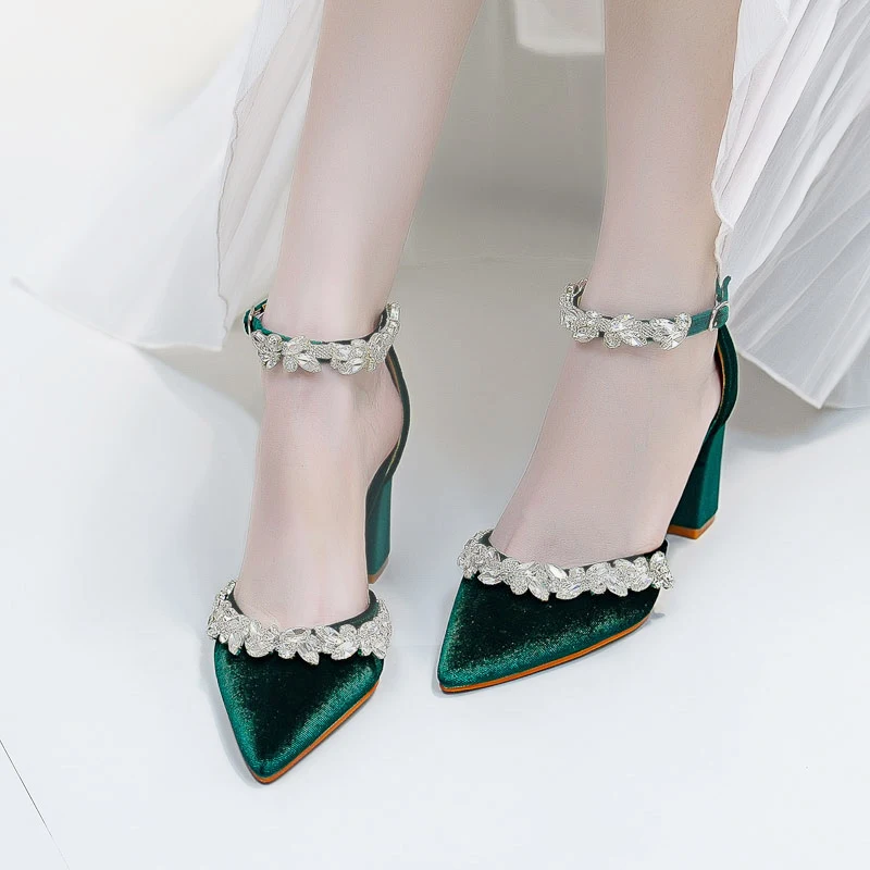 Party Shoes Crystal Low Heels Sandals Summer Sandals Pointed Toe shoes Suede Ankle Strap Sandals Hollow Office Women's Shoes