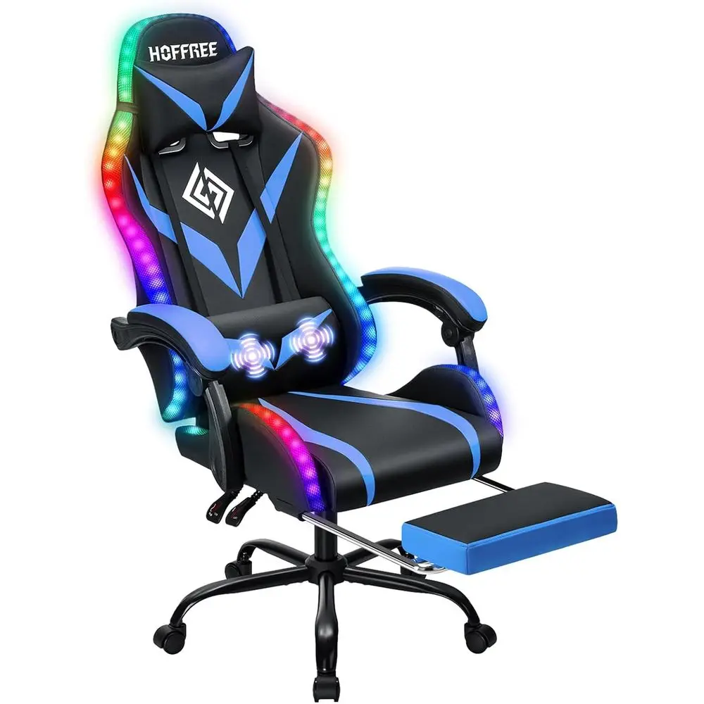 RGB Gaming Chair with Massage and LED Lights Ergonomic Video Game Chairs with ootrest High Back Reclining Computer Chair with Ad
