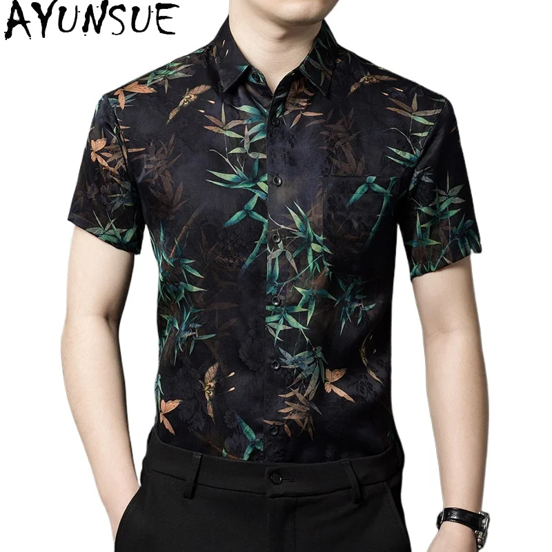 

AYUNSUE 100% натуральные шелковые рубашки из тутового шелкопряда для мужчин, высококачественная летняя модная рубашка 2026 года с принтом, с коротким рукавом, повседневная рубашка