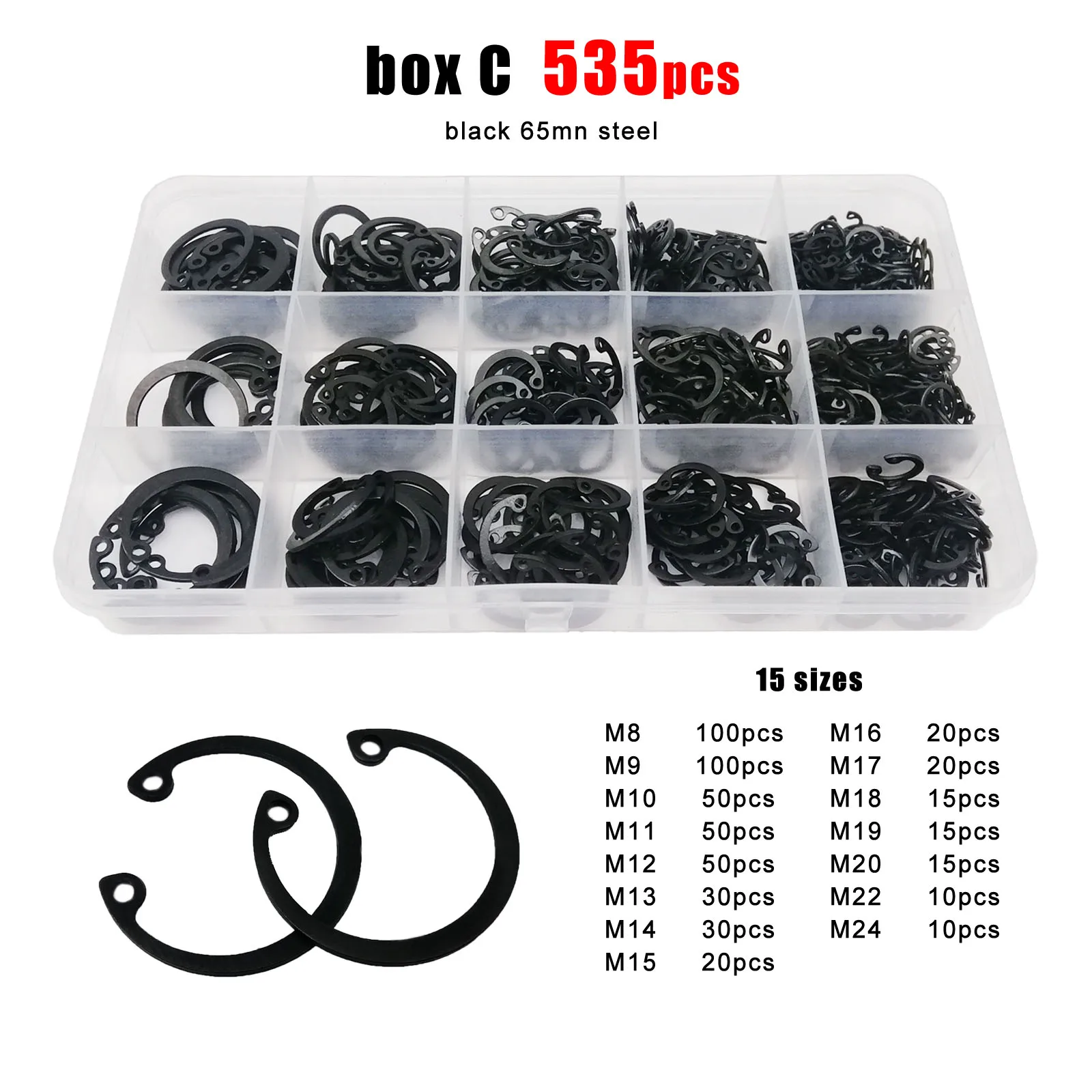 1 Box M8-M24 GB893 304 Stainless Steel Black Steel C Type Internal Circlip Retaining Clip Snap Ring for Hole Assortment Kit Set image 3