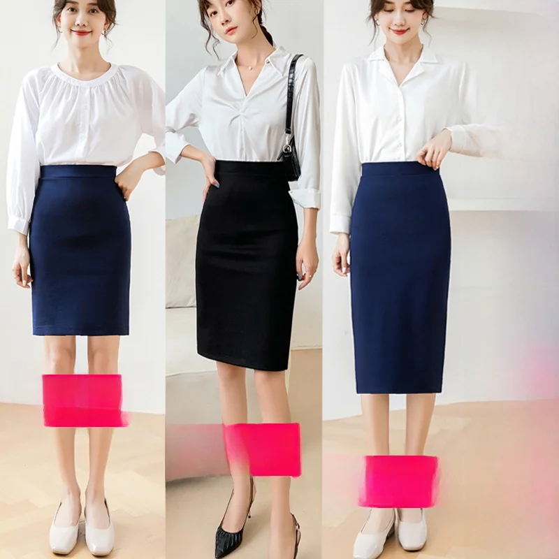 تنورة نسائية احترافية باللون الأزرق الداكن للربيع والخريف بخصر عالٍ متوسط ​​الطول على شكل حرف a محبوك بلون سادة تنورة مكتب عل...