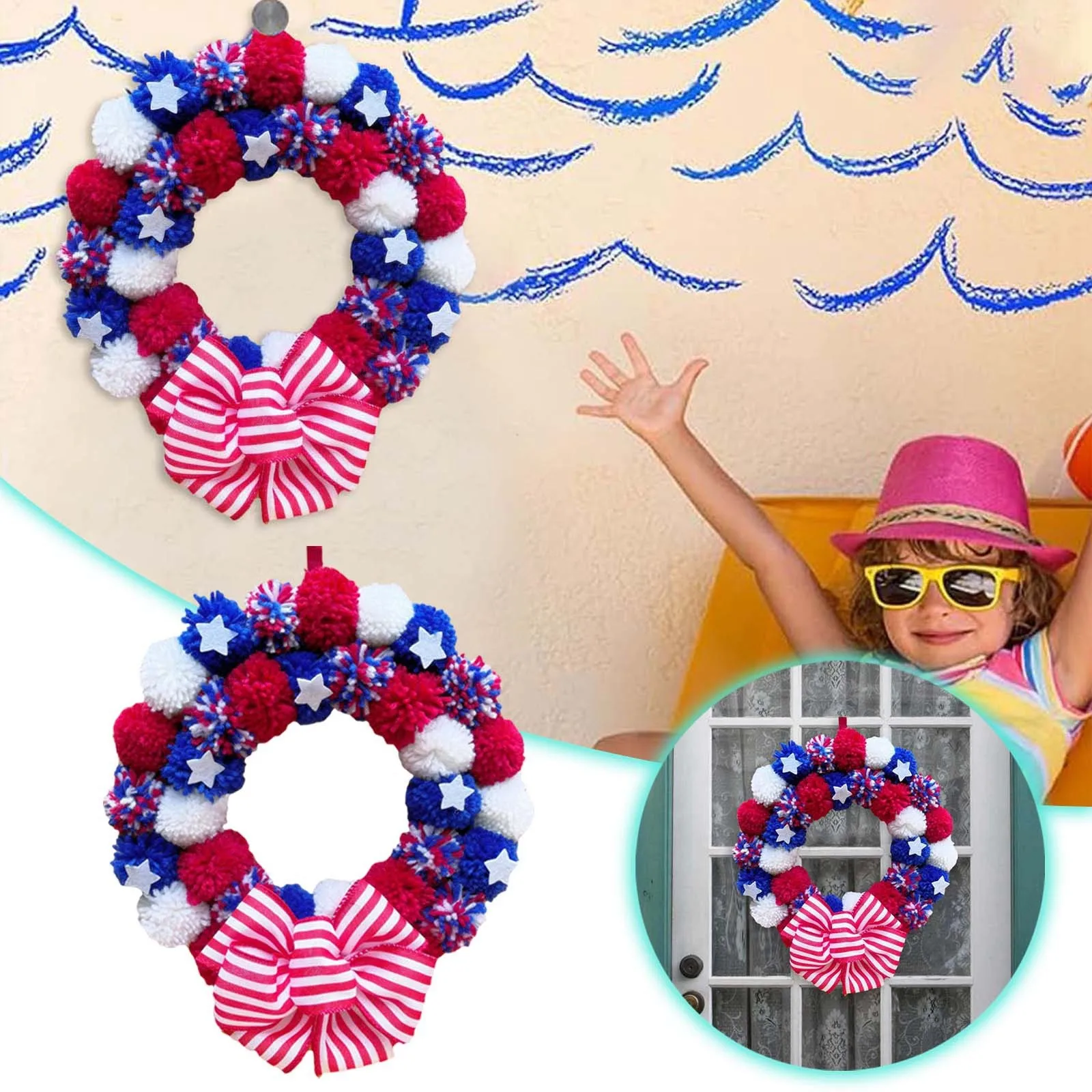 

Independence Day Wreath Front Door Patriotic Wreath Handmade Garland Hanging Ornament July 4th Dead Window 12in Wedding Supplies