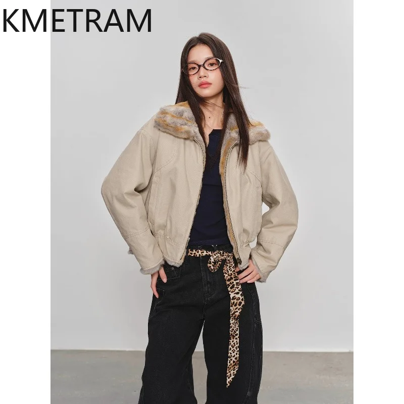 KMETRAM Quality Rabbit Fur Shearling Jackets Woman Washed Cotton Canvas Winter Coats for Woman Clothing Short Outerwear Warm 패딩