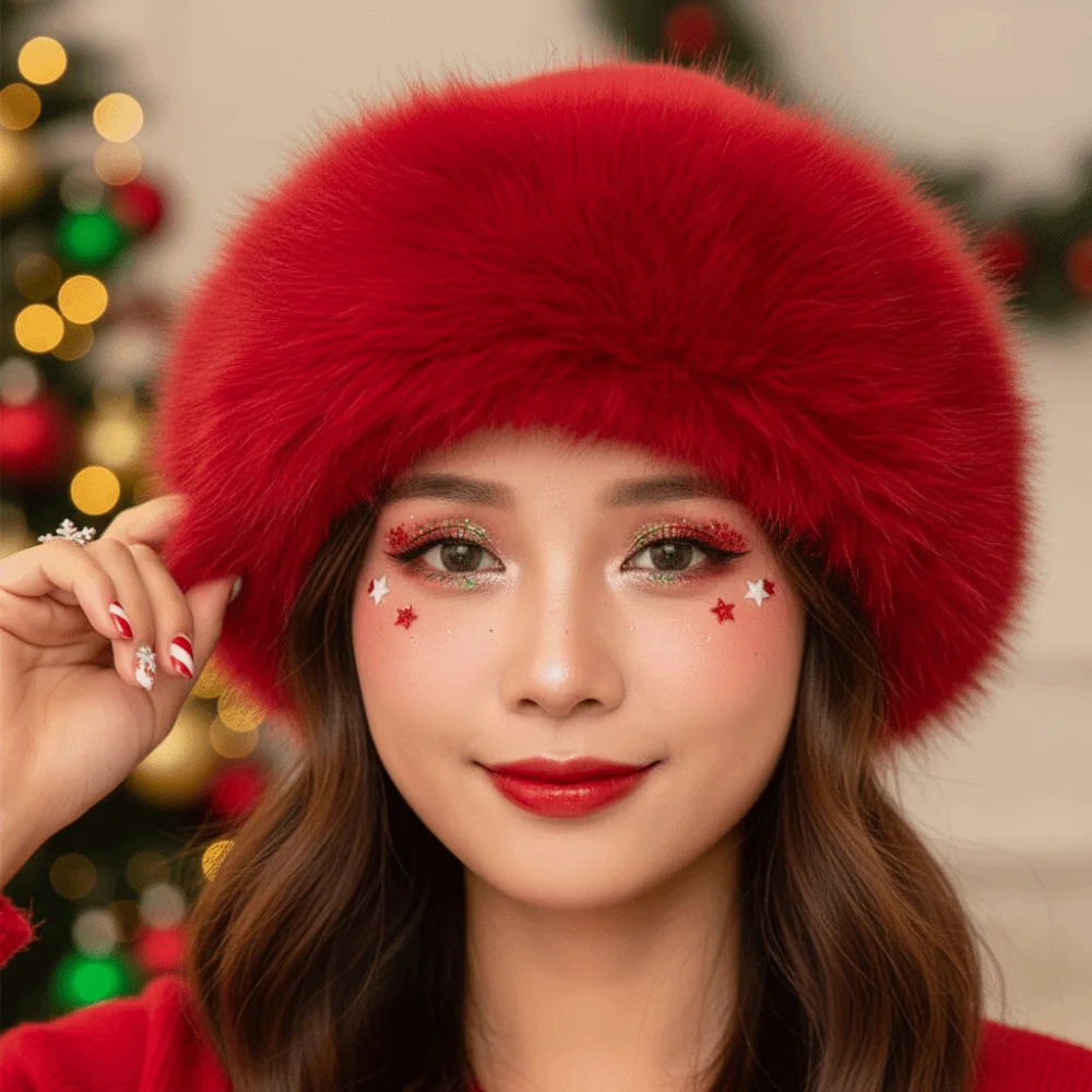 Faux Fur Christmas Fur Hat Thick Plush Fleece Lined Fluffy Trapper Cap Solid Color Soft Brim Plush Bucket Hats Girls