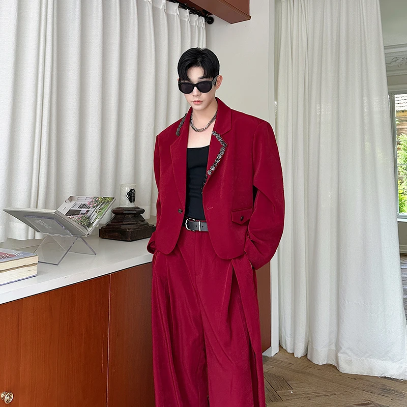 High End Mens Casual Blazer Two Piece Set Short Lapel Jacket Collar Design Loose Straight Draped Trousers Fashion Outerwear Pant