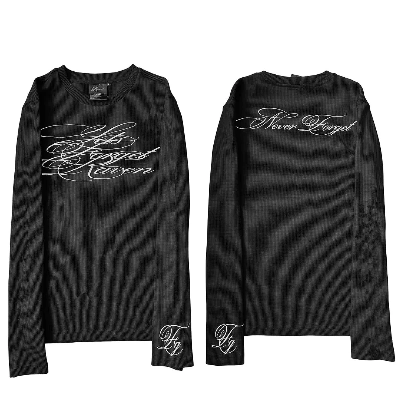 Women Y2K Waffle Knit Long Sleeve Tee Embroidered Script Slogan Crew Neck Oversized Streetwear Vintage Graphic Top