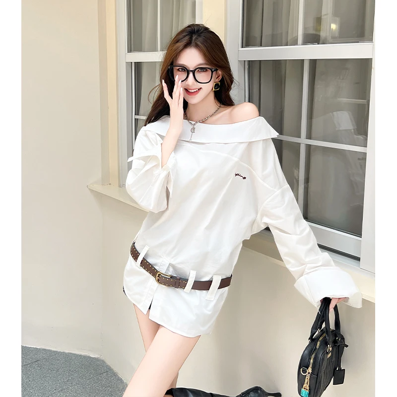 

Autumn Korean Style Chic Casual Loose Design Women's Top Off-the-shoulder Belt Minimalist Extra-long Shirt Office Lady