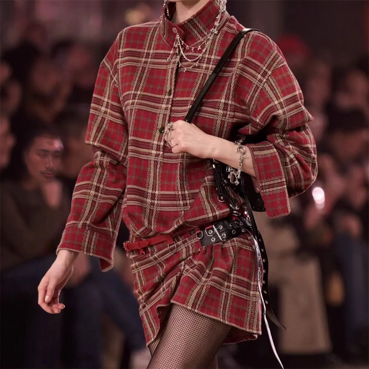 

【Gift Free】2025 Autumn Winter Vintage Hippie Asymmetric Pleated Buckle Red Plaid Shirt Mini Skirt Set for Women