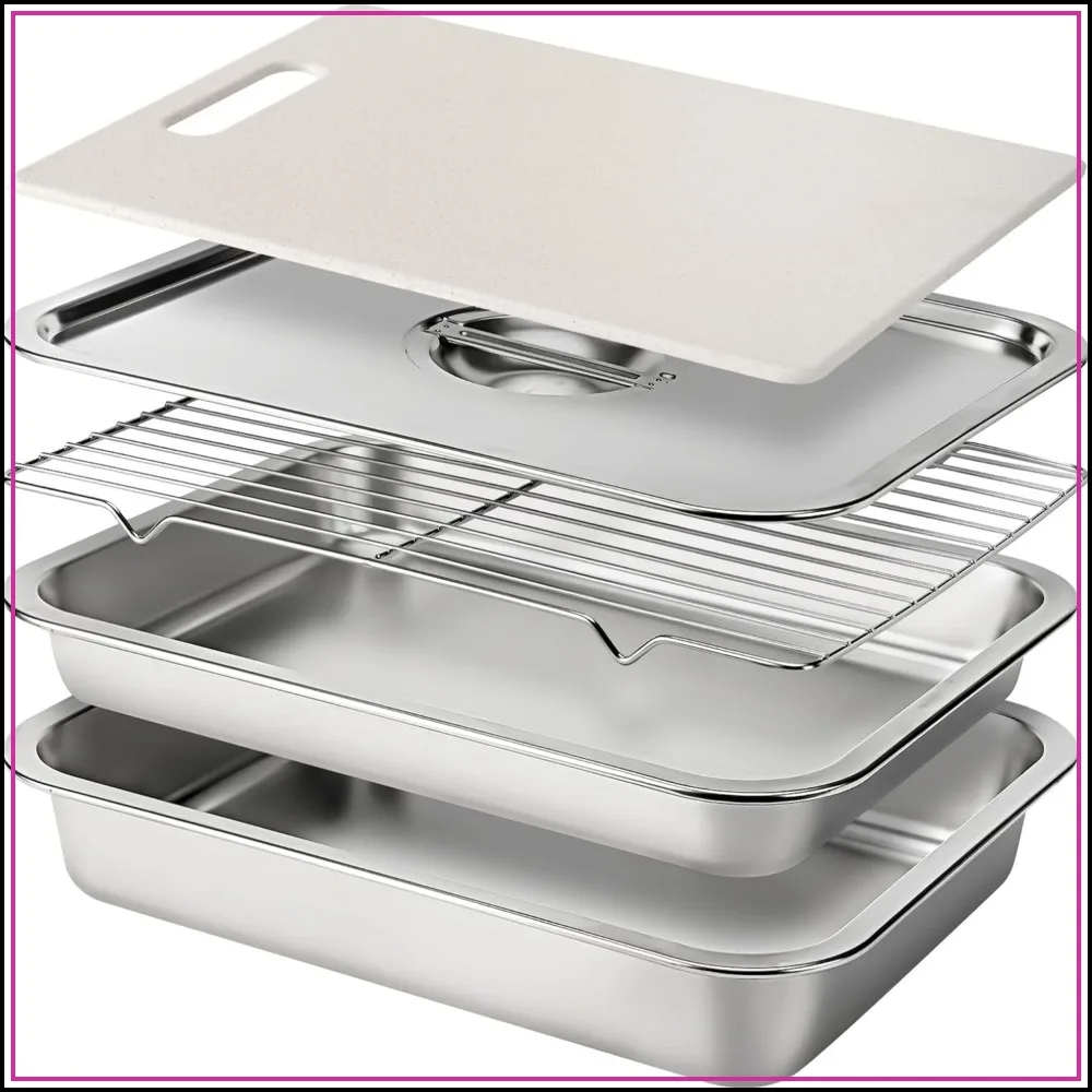 

Stainless Steel BBQ Prep and Serve Tray Set with Lid, Cutting Board, Wire Rack, Marinade Pan for Outdoor Cooking