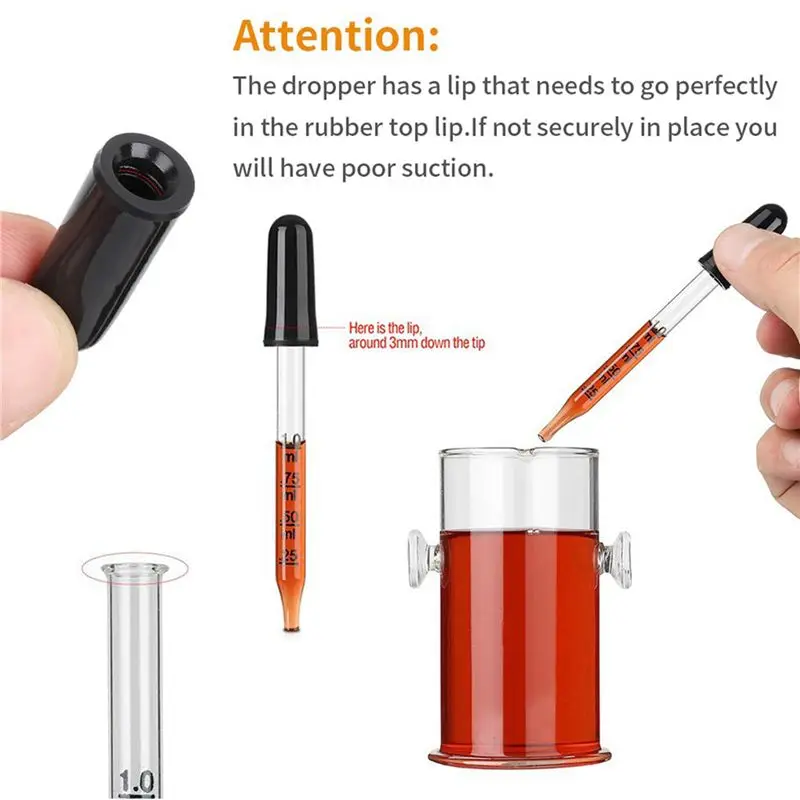 A67M-200Pcs 1Ml Glass Liquid Droppers, Eye Dropper Pipettes With Black Suction Bulb, For Makeup Art Liquid,Straight Tip Style