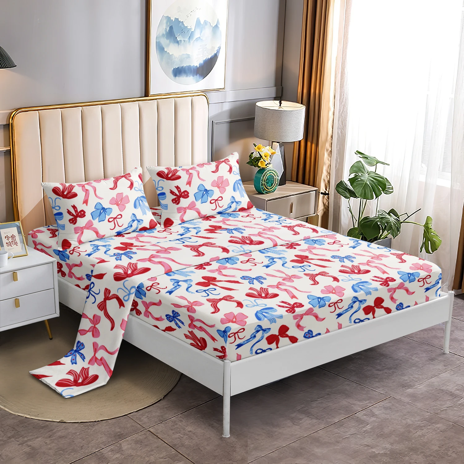 3Pcs Coquette Red Blue Pink Bowknot Flat Sheet Bedding Set, White Base Colorful Bow Print Flat Sheet Fitted Sheet