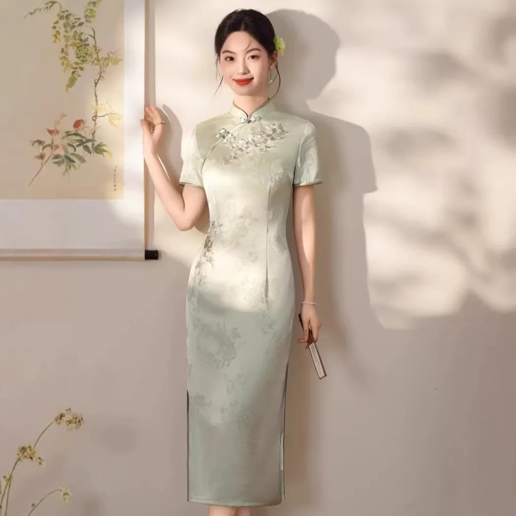 Modern Cheongsam Dress Women Embroidery Jacquard Double Layer Low Slit Short Sleeve Qipao Chinese Wedding Dress SW-047