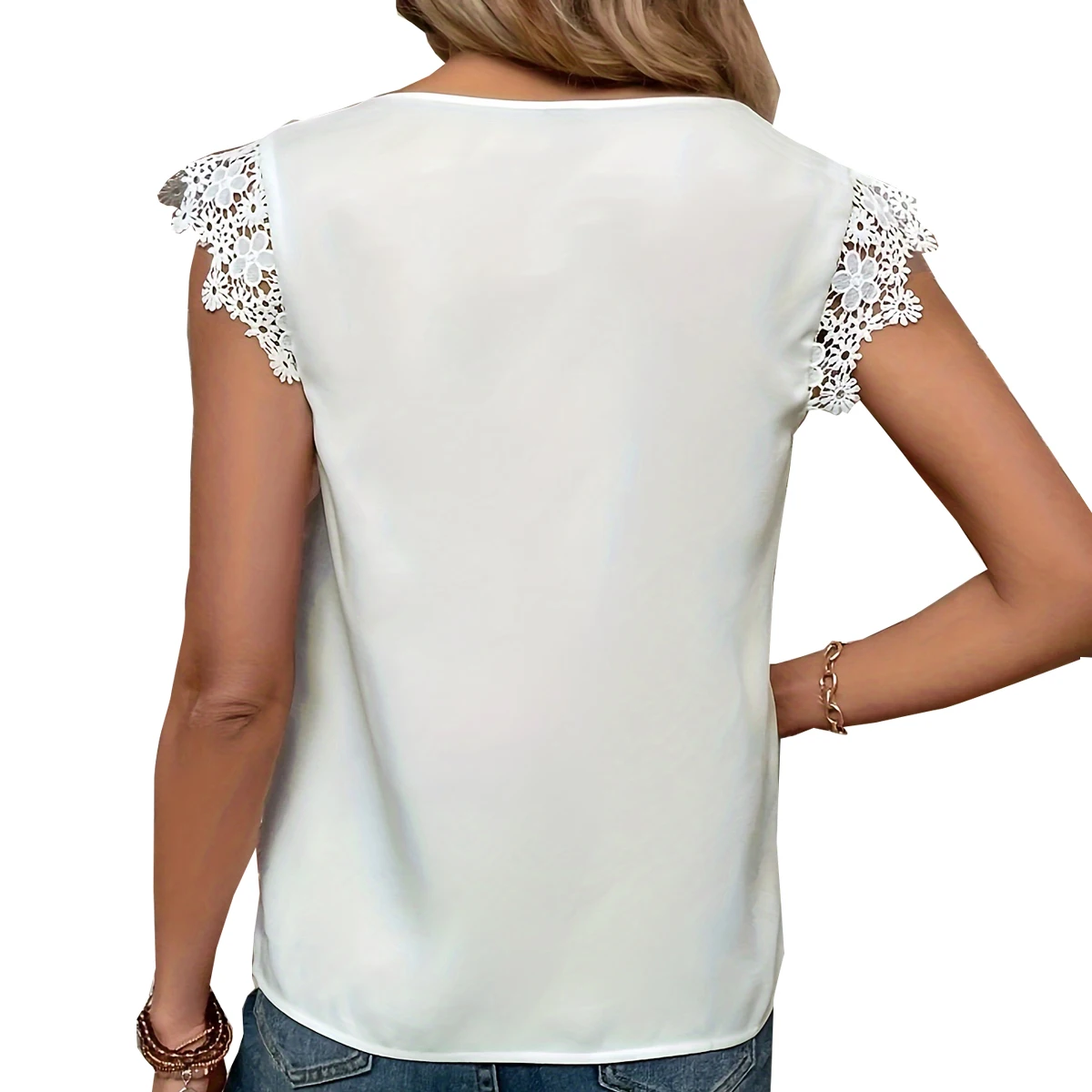 Scallop edge wavy V-neck fashionable lace patchwork sleeves versatile casual style loose fitting white short sleeved top