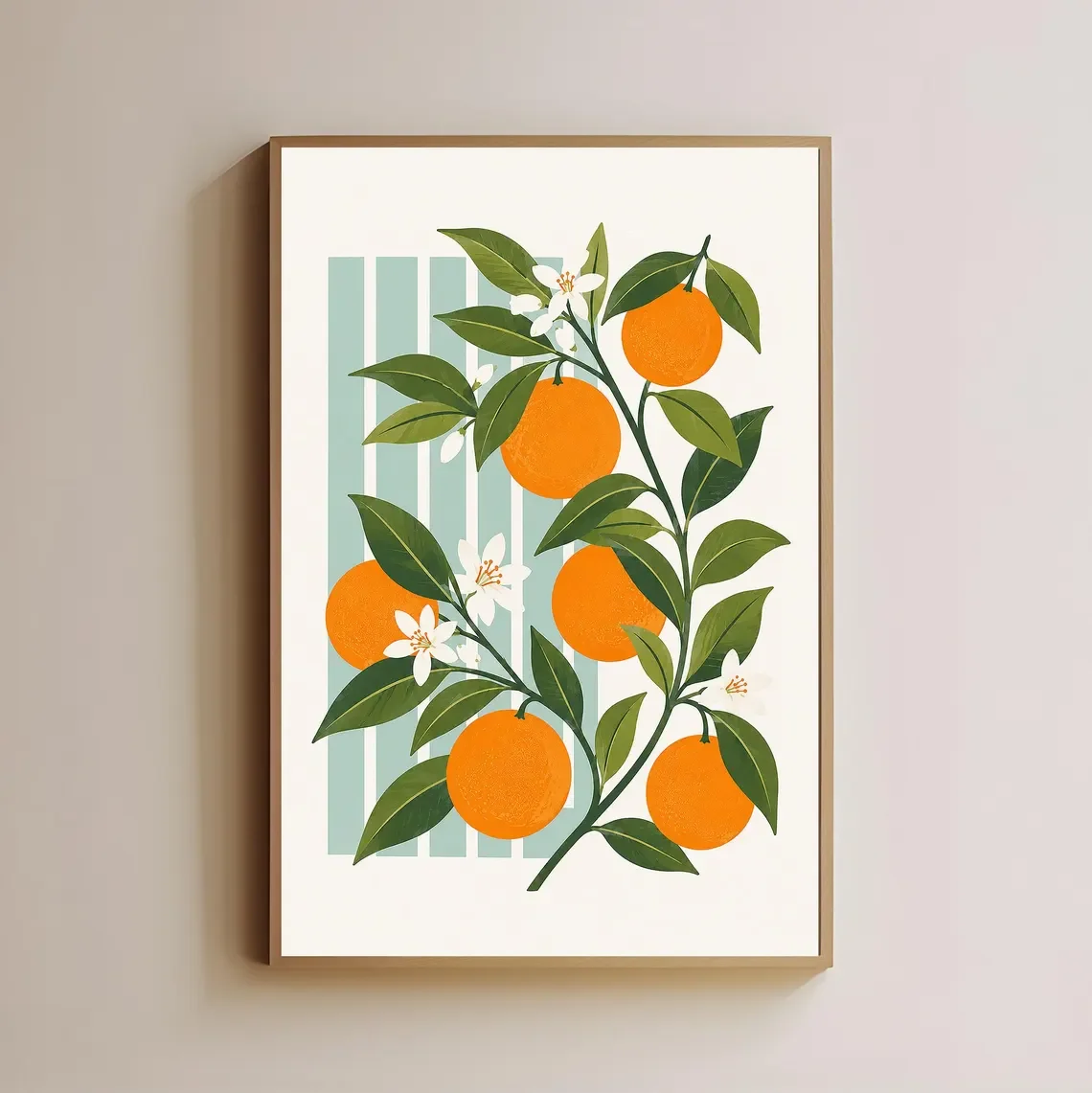 Orange Tree Branch Wall Art, Botanical Print, Striped Background Decor, Citrus Fruit Wall Decor