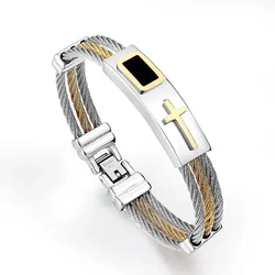 Vintage Stainless Steel Cross Bracelet Men's  Wire  Religious Prayer Wishing Amulet Party Jewelry Accessories