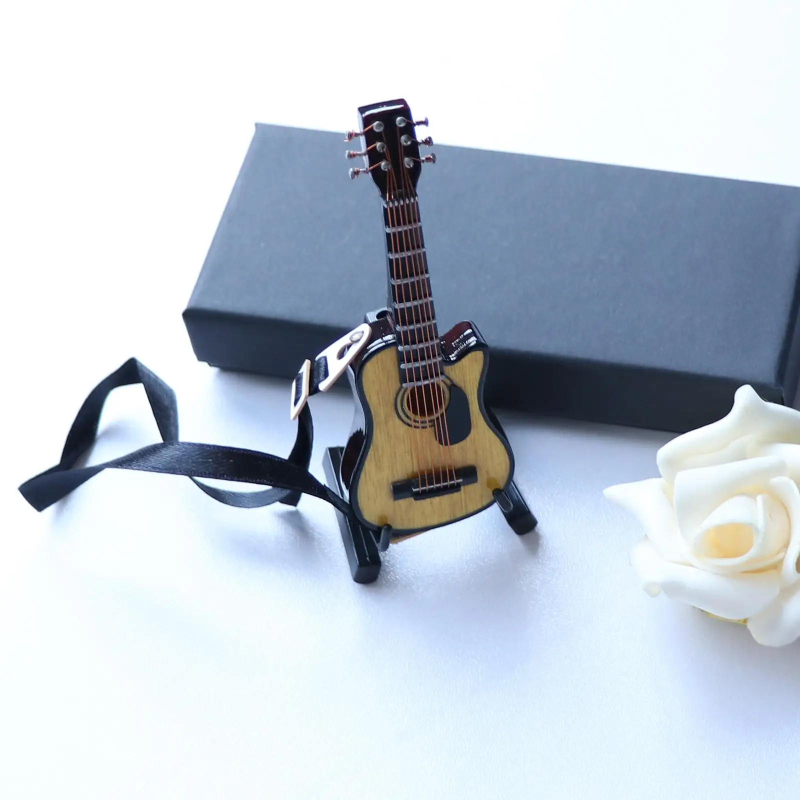 1 12 Scale Miniature Guitar Collectible with Stand and Strap Wooden Musical Instrument for Dollhouse Miniatures
