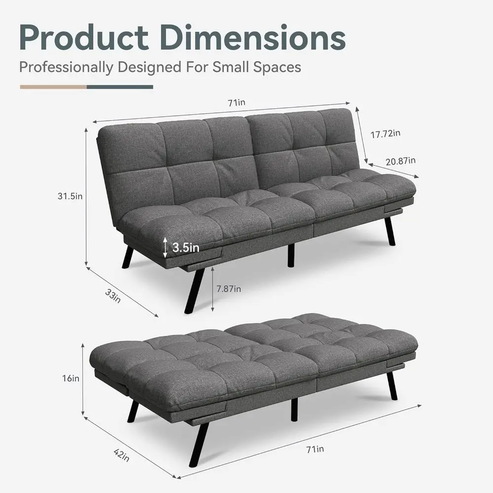 uton Soa Bed Convertible Couch, Grey Linen Soa Bed with Memory oam, Adjustable Backrest & Armrests, Multiunctional Small Lovesea