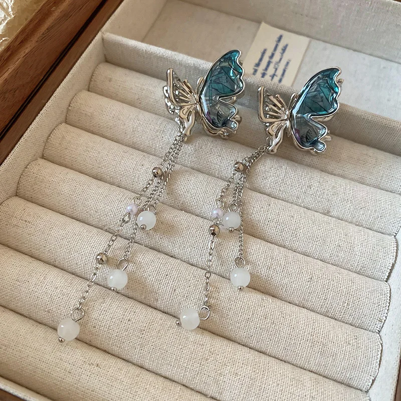 1/2 pçs novo azul-prata emenda borboleta imitação pérola franja pequeno caranguejo grampos de cabelo para mulheres estilo princesa bang tubarão clipe