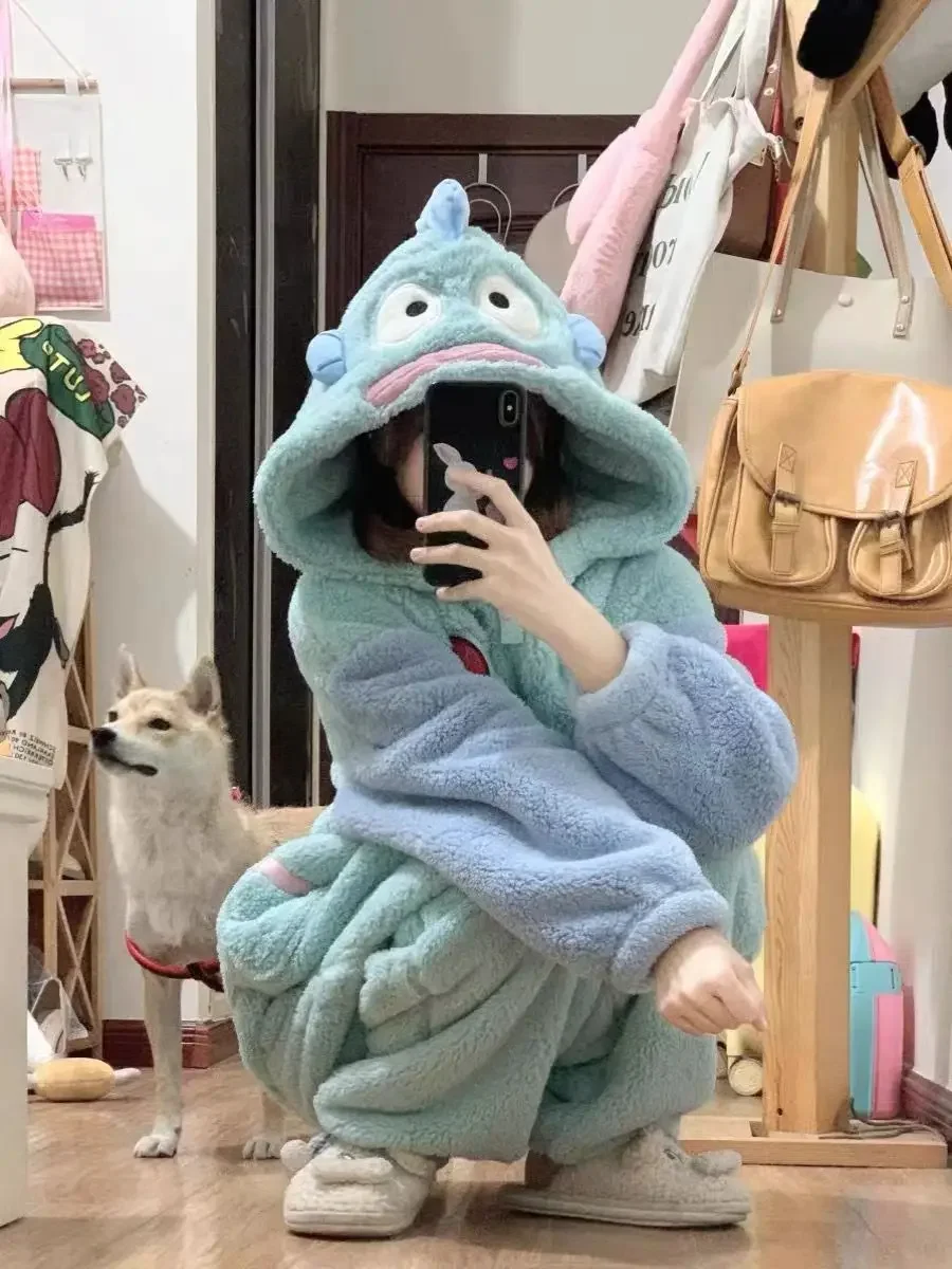 Cartoon Hangyodon Plush Siamese Pajamas Hooded Jumpsuit Pajamas Sanrioed Anime Kawaii Coral Velvet Homewear Thickened Nightgown