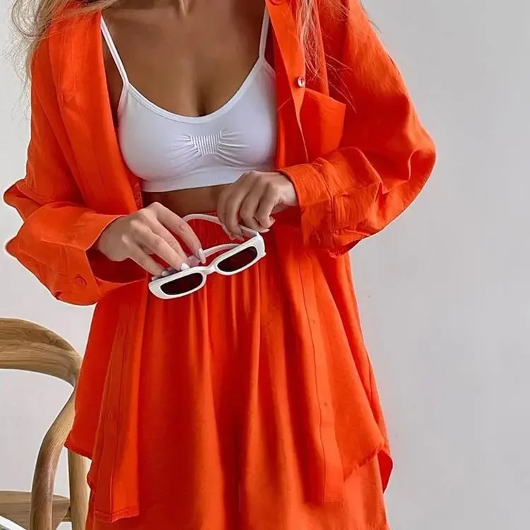 2025 spring and summer new product cotton fashion lapel button pocket long sleeve shirt loose wide leg shorts two-piece set