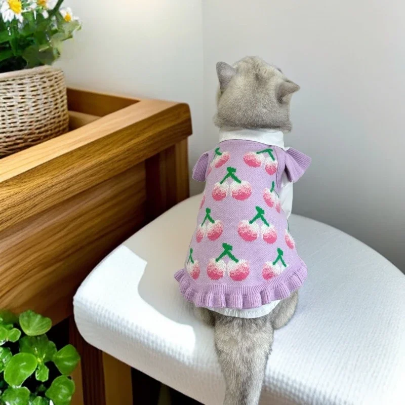 Autumn Cute Cherry Knitted Tank Top Jacquard Flying Sleeve Strap Clothes Dog Cat Pearl Soft Comfortable Tank Top Teddy Bear