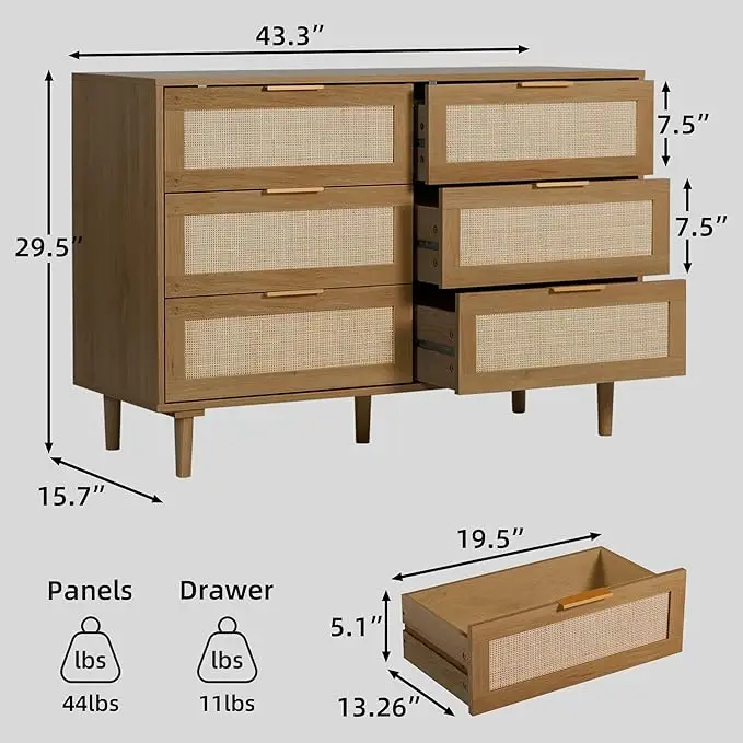 Rattan Dresser for Bedroom, Modern 6 Drawer Double Dresser with Gold Handles, Wood Storage Chest of Drawers for Bedroom