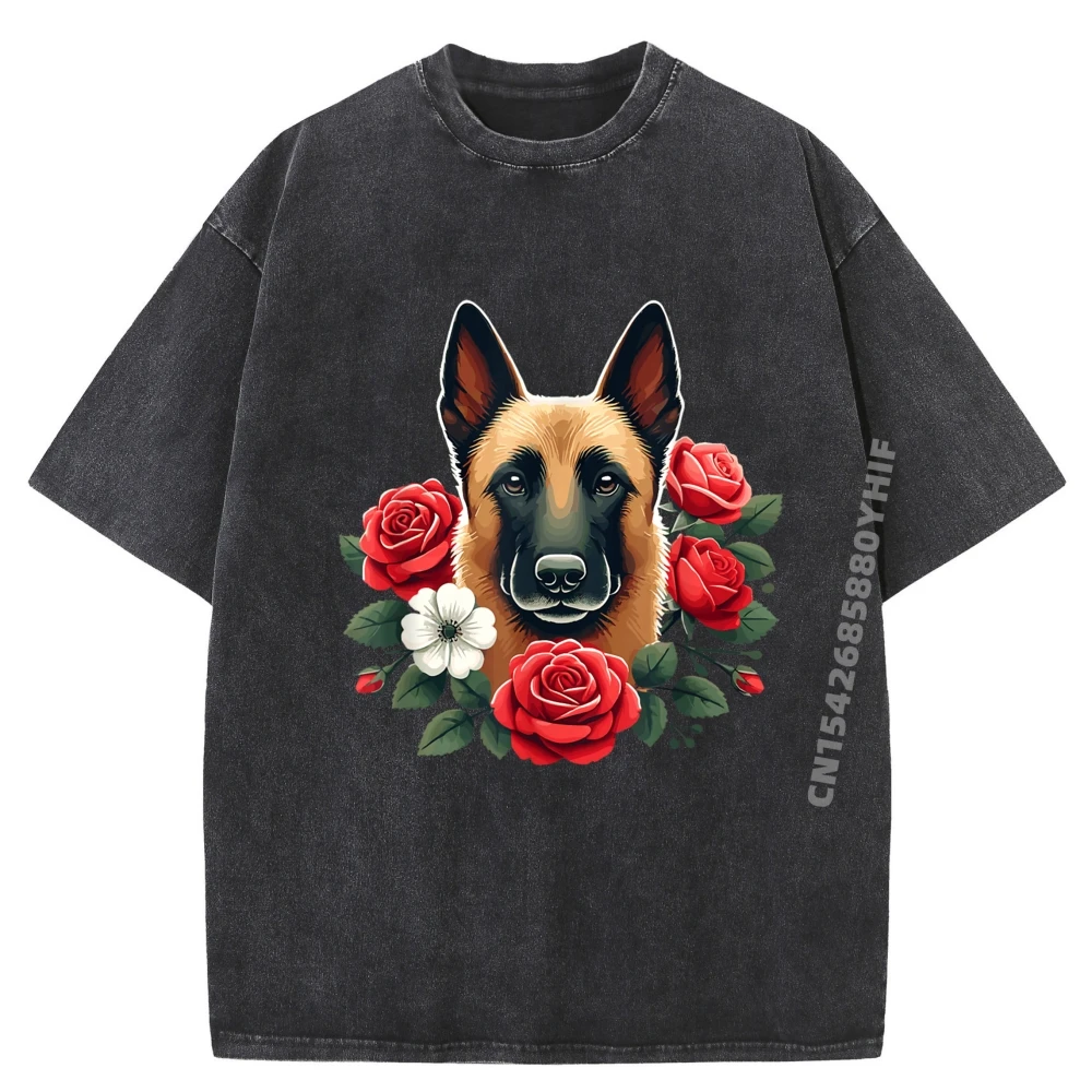 

Roses Flowers Belgian Malinois Belgian Cute Mens Graphic T-shirt Mens Tops & Tees Casual Washed Tee-Shirt