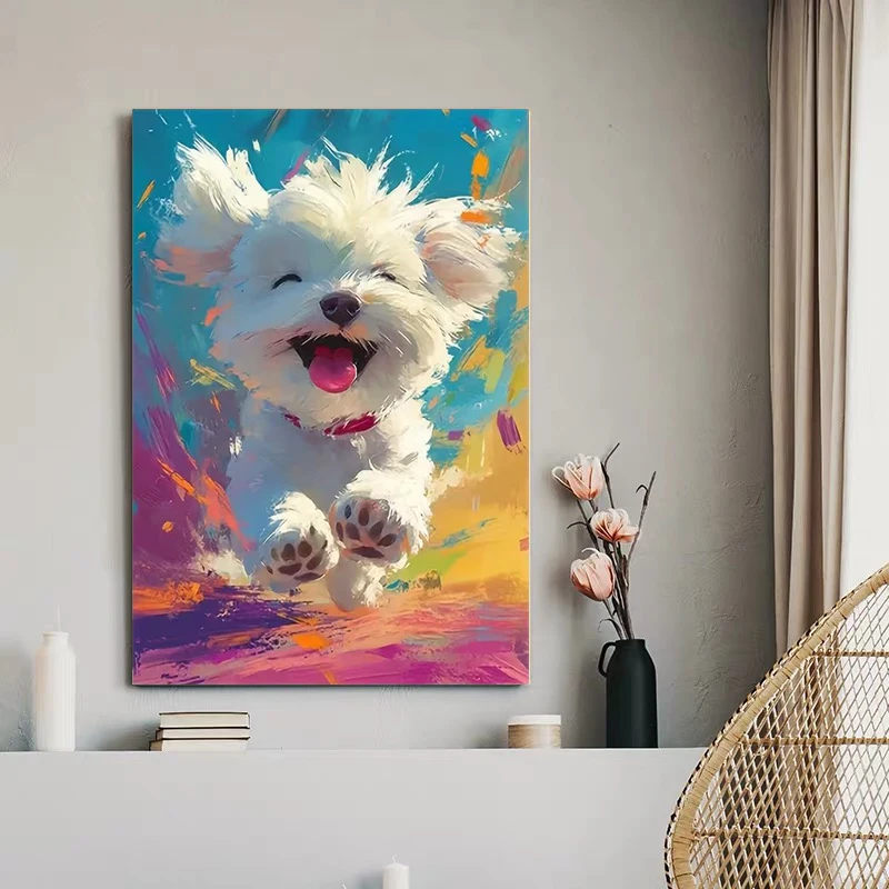 Colorful Energetic Happy Dog Poster and Prints Cartoon Animal Canvas Painting Wall Art Picture Living Room Home Decor Cuadros