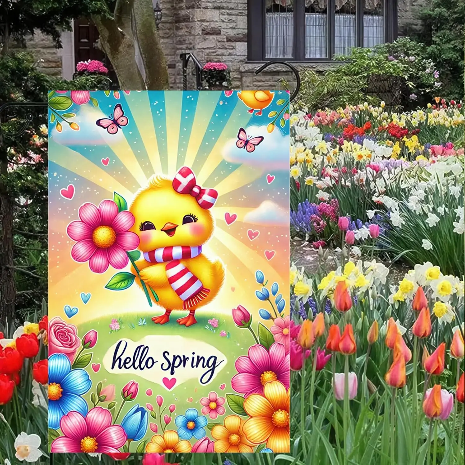 Spring Garden Flag Double Sided Welcome Banner Yard Flag 12×18 Inch Hello Spring Chick with Flowers and Butterflies Garden F yyi
