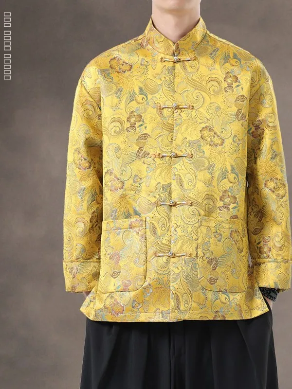 

New Chinese Sle Casual Autumn Jaet with Button Embroidery Stand Collar Zhongan Coat Top Buttoned Outerwear for Men