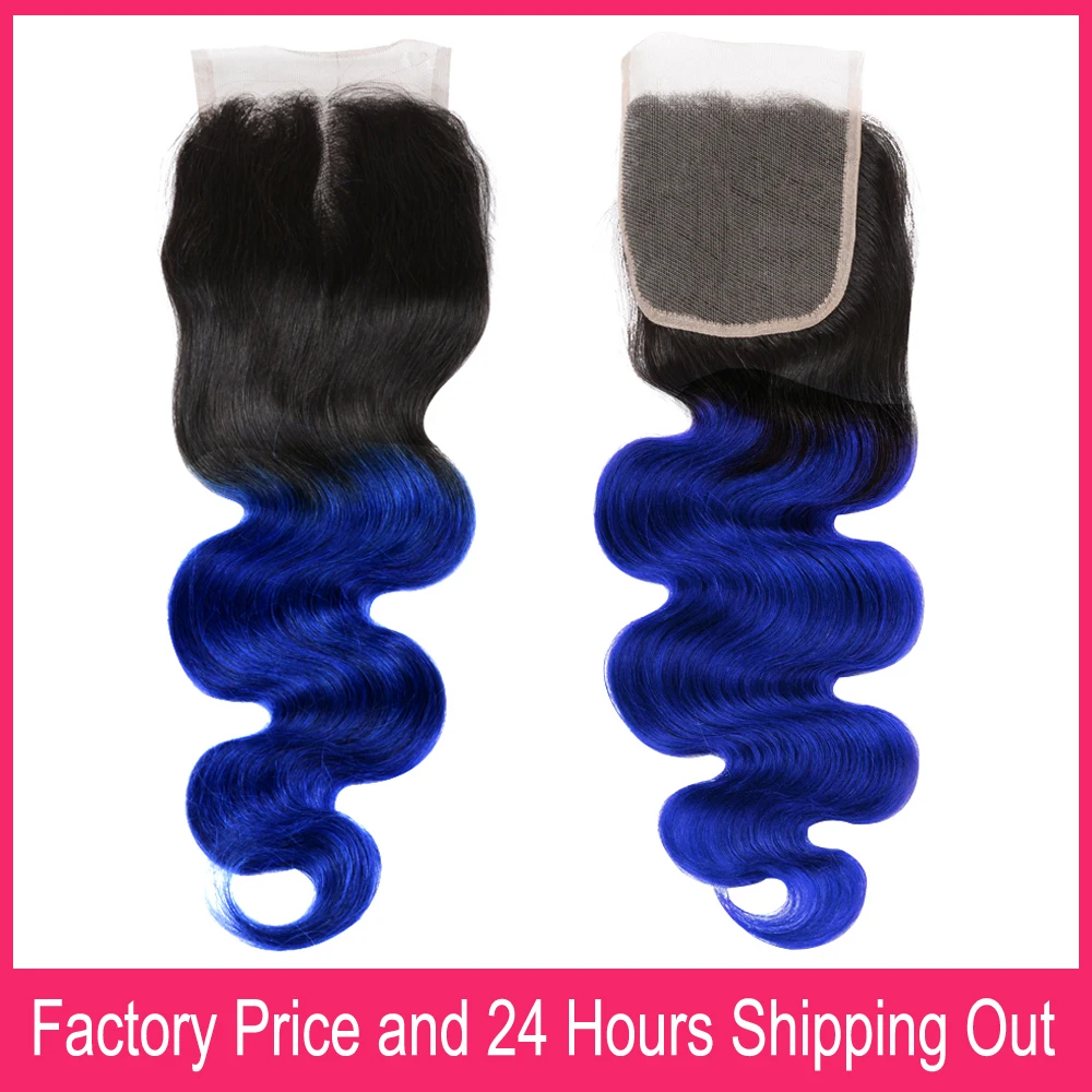 1B Blue 4x4 Lace Closure For Black Women 10-22 Inch Body Wave Human Hair Material Ombre Blue Pre Colored Swiss Lace Closures
